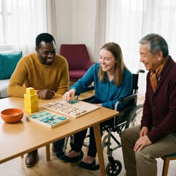Group of people laughing and playing a board game together