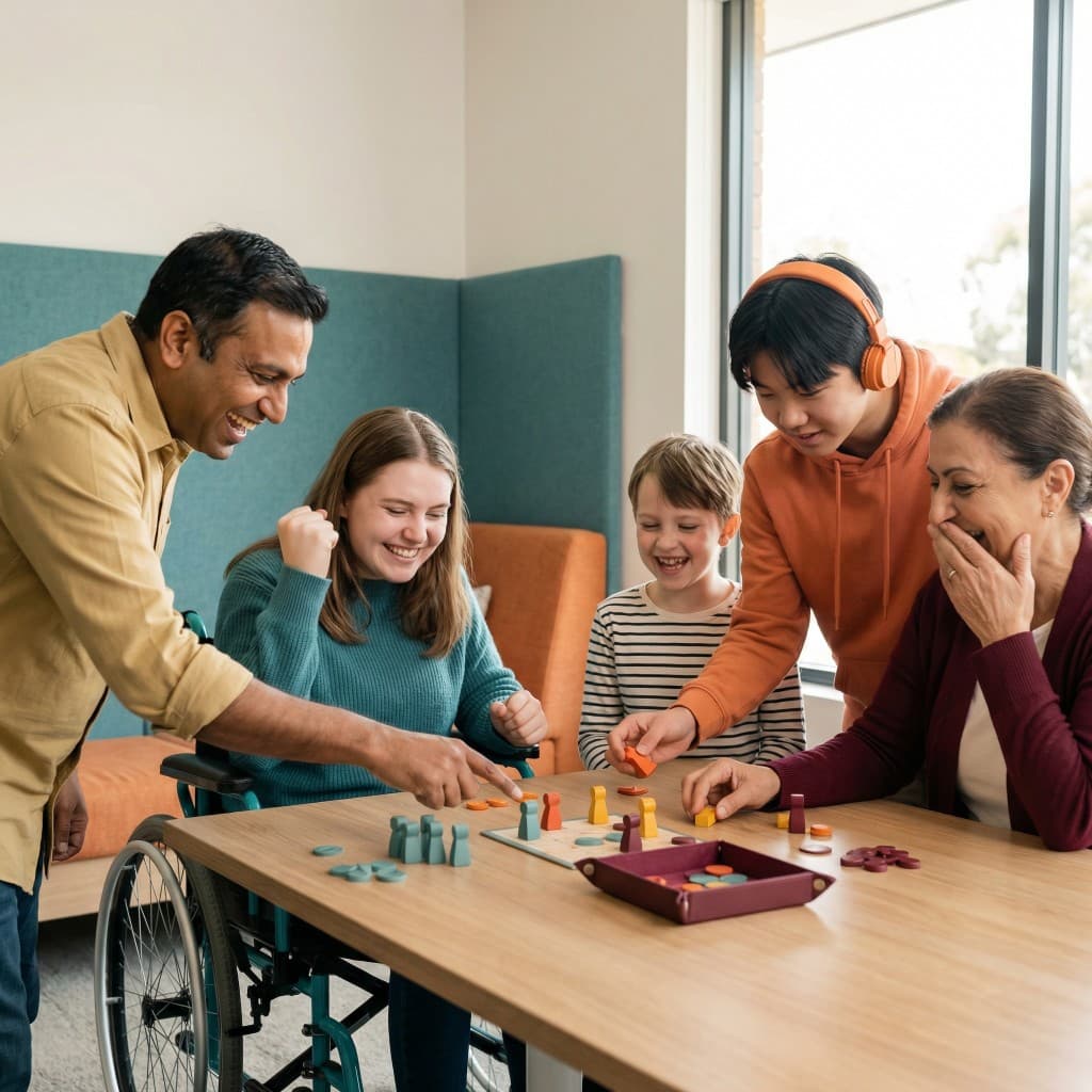 Diverse group of people laughing and playing a board game together around a table