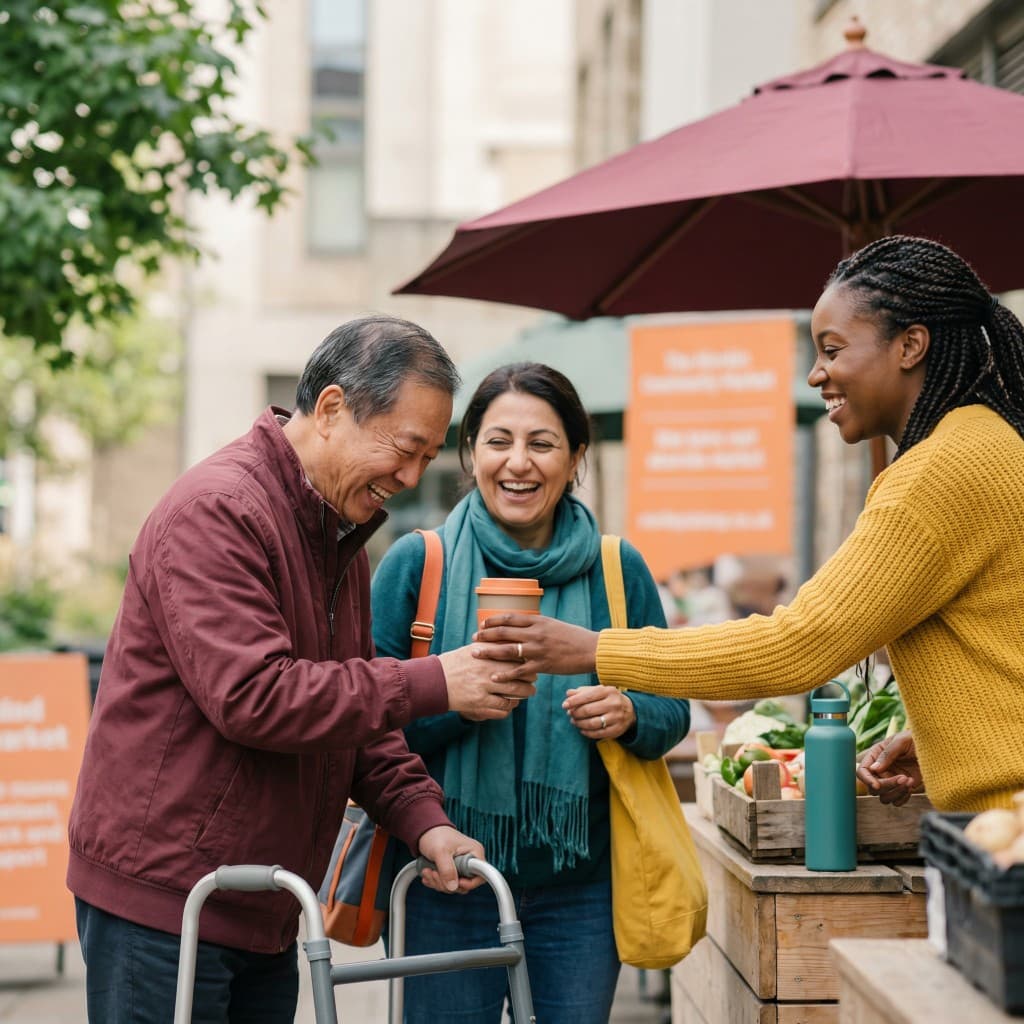 Elderly man with walker receiving a coffee from a support worker at a community market