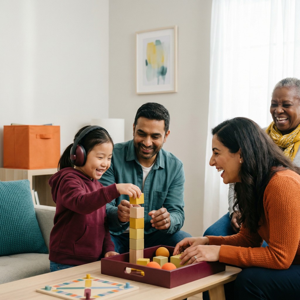 Child wearing headphones stacking blocks with family members in a living room