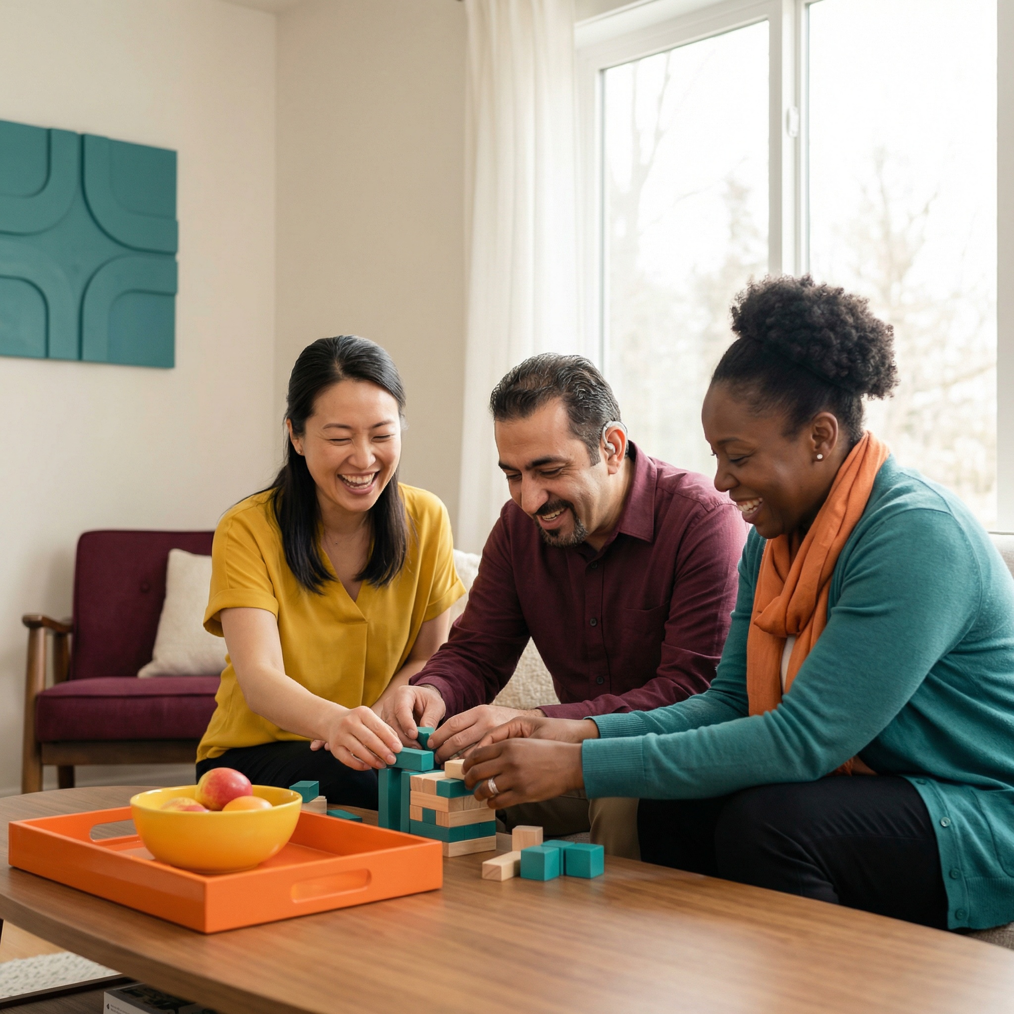 Three people smiling and building with blocks together at a table