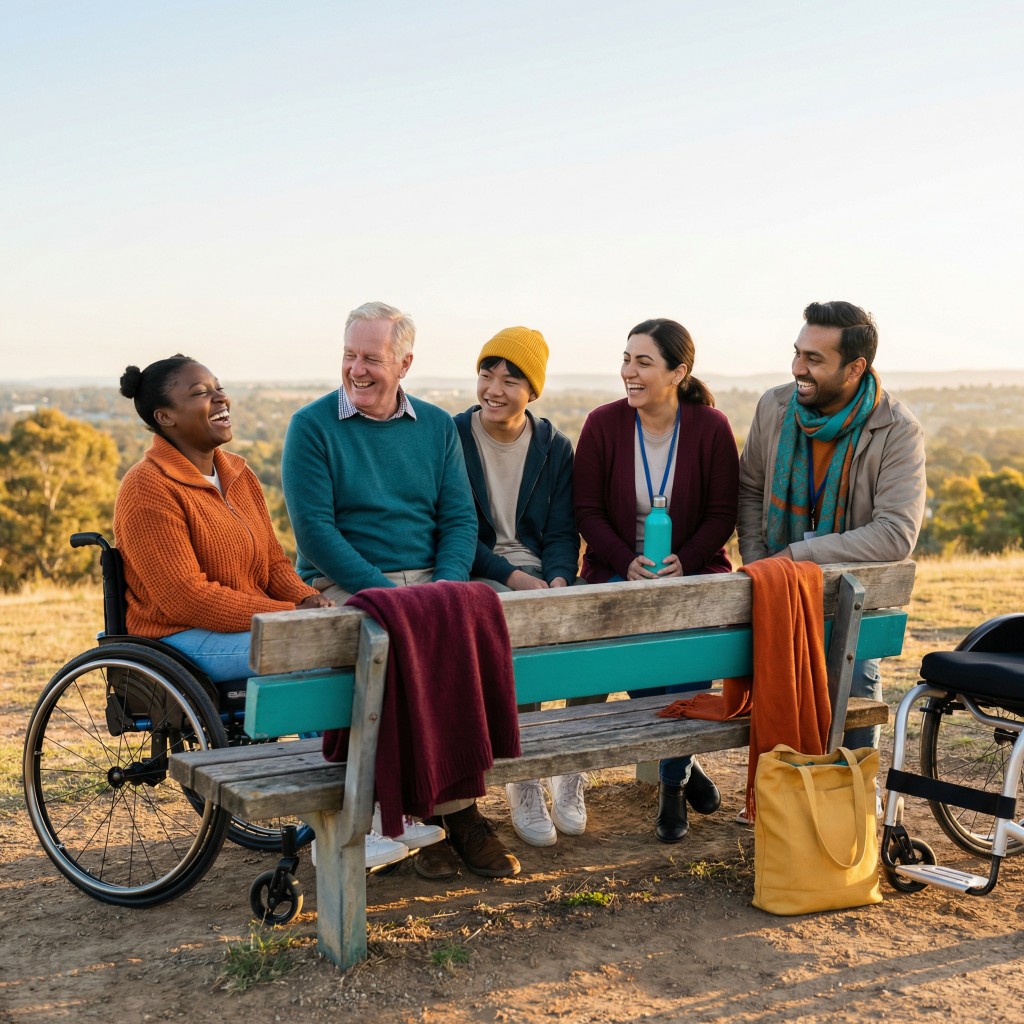 Diverse group of people laughing together on a bench outdoors at sunset
